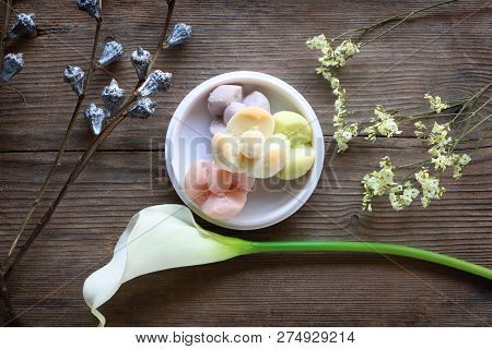 Colorful Thai Shortbread Cookies (kleeb Lamduan) On White Plate, Thai Dessert On Aged Wooden Table B