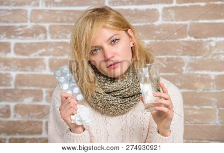 Breaking Fever Concept. Girl Take Medicine To Break Fever. Headache And Fever Remedies. Woman Sick P