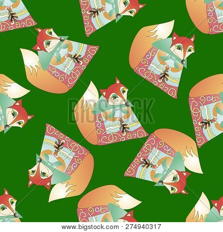 Vector Seamless Pattern With Fox On Green Background