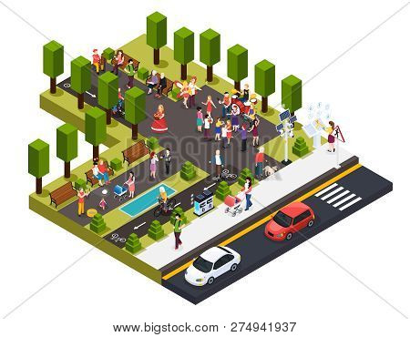 Street Artists Musicians Master Of Pantomime Painter Florist And Living Statues In Park Isometric Co