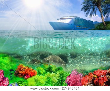 Collage Of Underwater Coral Reef At Sea. Cruise Ship And Palm Tree. Happy Cruise Concept