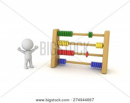 Cheerful 3d Character Next To Colorful Abacus. 3d Rendering Isolated On White.
