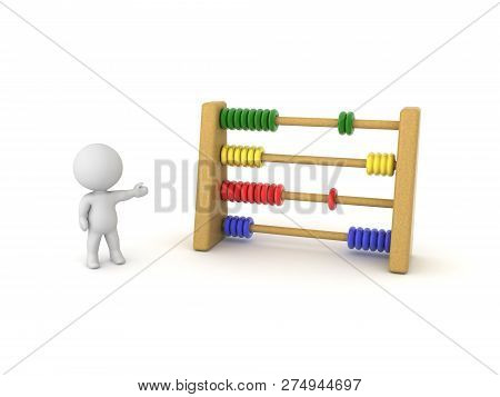 Cheerful 3d Character Next To Colorful Abacaus. 3d Rendering Isolated On White.