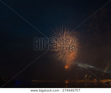 Night City Evining Firevork Above River Long Exposure Shoot Picture From Tripot