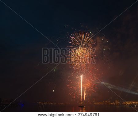 Night City Evining Firevork Above River Long Exposure Shoot Picture From Tripot