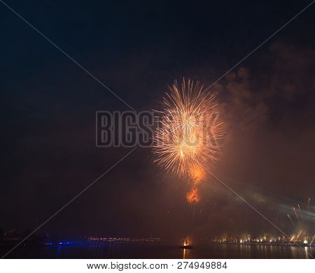 Night City Evining Firevork Above River Long Exposure Shoot Picture From Tripot