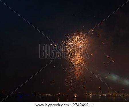 Night City Evining Firevork Above River Long Exposure Shoot Picture From Tripot