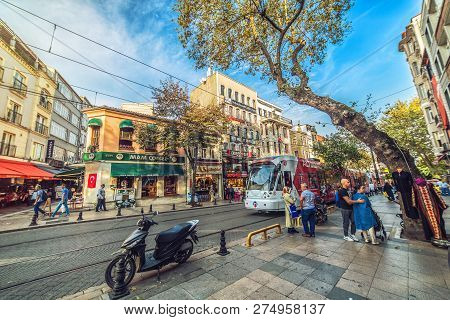 Istanbul, Turkey: The Main Touristic Street Divan Yolu Street In Historical Part Of Istanbul With Ca