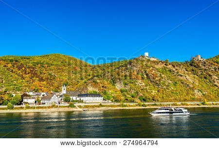 Cruise Ship Passes Under Sterrenberg And Liebenstein Castles In The Upper Middle Rhine Valley, Germa