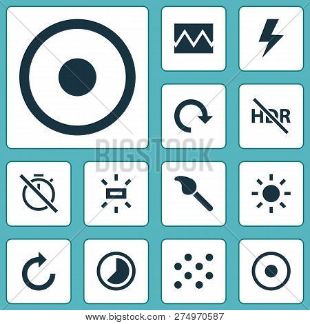 Image Icons Set With Brightness, Timelapse, High Dynamic Range And Other Photo Elements. Isolated  I