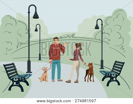 Young People, Man And Woman, Walk In The Park With Their Dogs In The Morning. Vector Illustration Of