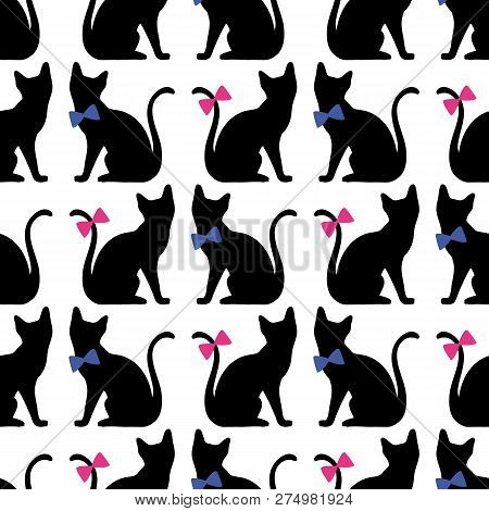 Seamless Pattern With Black Cat Silhouette. Vector Background
