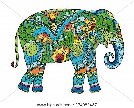 Drawing Stylized Elephant. Freehand Sketch For Adult Anti Stress Coloring Book For Adultpage With Do