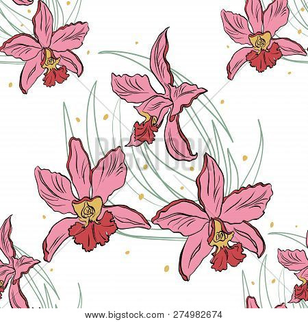 Seamless Pattern Of Pink Orchids On A White Background. Orchid Isolated