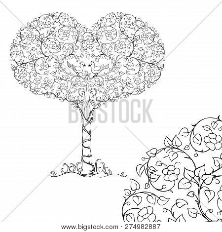 A Pair Of Birds In The Crown Of The Heart Tree. Sketch For Adult Antistress Coloring Page. Elements 