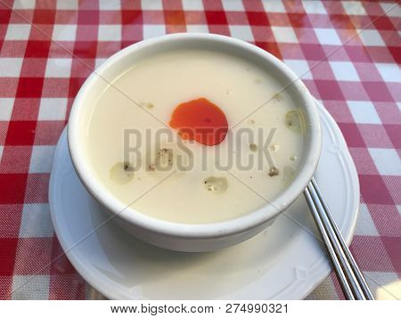 Turkish Braised Meat Soup With Fried Butter Sauce / Kavurma Corbasi. Traditional Organic Food.
