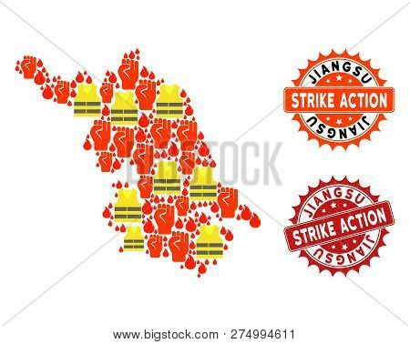 Strike Action Collage Of Revolting Map Of Jiangsu Province, Grunge And Clean Seals. Map Of Jiangsu P
