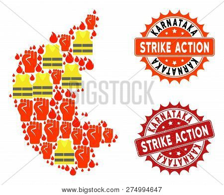 Strike Action Collage Of Revolting Map Of Karnataka State, Grunge And Clean Stamps. Map Of Karnataka
