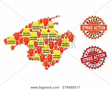 Strike Action Composition Of Revolting Map Of Majorca, Grunge And Clean Seal Stamps. Map Of Majorca 