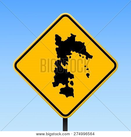 Patmos Map On Road Sign. Square Poster With Patmos Island Map On Yellow Rhomb Road Sign. Vector Illu
