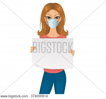 Cute European Woman Wearing A Mask And Holding An Empty Piece Of Paper.