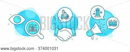 Hotel, Arena Stadium And Skyscraper Buildings Line Icons Set. Handshake Deal, Research And Promotion