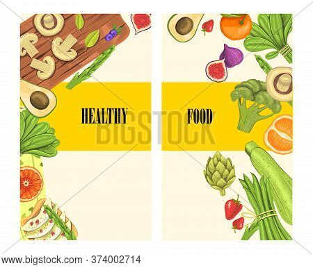 Healthy Food Vector Background. Set Of Two Vegetarian Concepts For Restaurants, Menu, Recipes And Ki