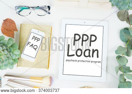 Tablet And Phone With Golden Woman Accessories Mock Up Flat Lay Styled Scene, Top View, Ppp Loan Con