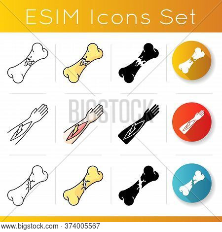 Bone Fractures Icons Set. Open Fracture. Limb And Body Part Injuries. Healthcare. Linear, Black And 