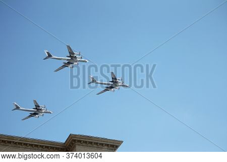 Moscow, Russia - June 24,2020: Air Parade Of Russian Aircraft Tu-95Ms Will Fly Over Kremlin And Red