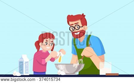 Cooking Daddy And Daughter, People Making Pastry Semi Flat Rgb Color Vector Illustration. Parent And