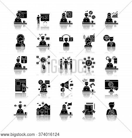 Freelance Professions Drop Shadow Black Glyph Icons Set. Web Development And Graphic Designing, Tuto