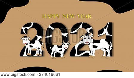 Happy New Year And 2021 Font With Cow Skin Pattern On Brown Background, Creative Cute Paper Cut Art 