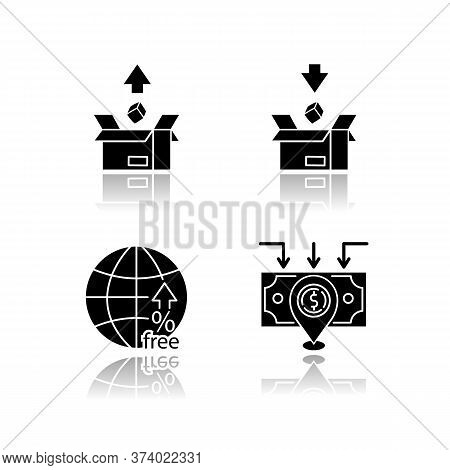International Trade, Customs Taxes Drop Shadow Black Glyph Icons Set. Export And Import Tariffs, Non