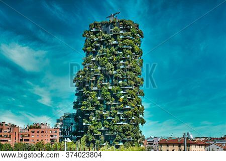 Milan, Italy, 06.29.2020: Vertical Forest (bosco Verticale) Innovative Green House Skyscraper Repres