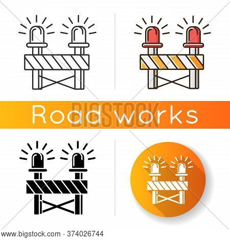 Roadblock With Siren Icon. Construction Works Ahead Warning. Caution Barrier For Attention On Road. 