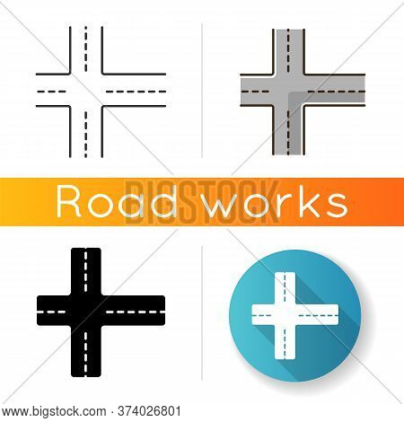 Crossroad Icon. Intersection Of Roads. Crossing Pavement Ways. Junction Of Crosswalk. Urban Infrastr