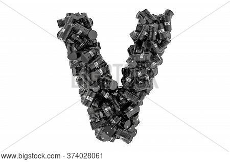 Letter V From Black Oil Barrels, 3d Rendering Isolated On White Background