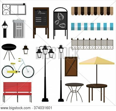 A Set Of Vector Items For Street, Park Or Garden Design. Bench, Bicycles, Fence, Awnings, Street Lam