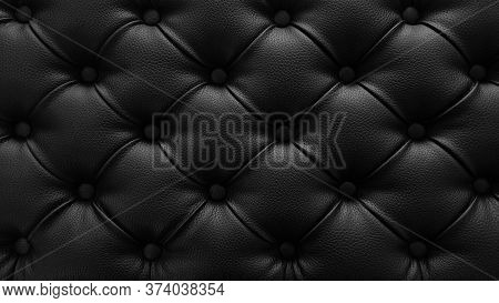 Stylish Soft Black Leather Upholstery Of Sofa. Black Material Is Decorated With Leather Buttons.
