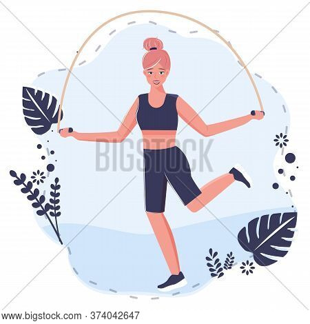 Pretty Young Woman Jumping With A Rope. Sport And Bodily Exercises On White Background.