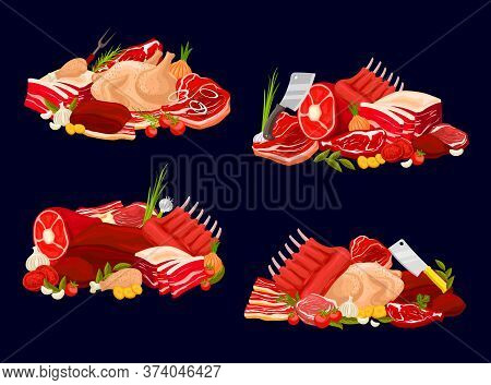 Meat Types Vector Veal And Beef, Pork, Chicken And Mutton. Raw Meat Assortment For Butcher Shop. Bee