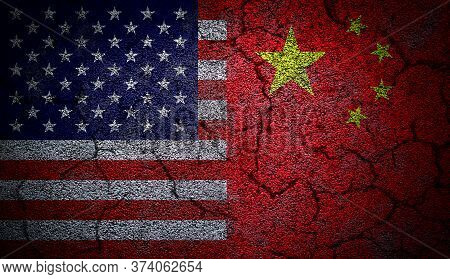 3d Rendering Of Dual Us And China Flags Painted On Concrete Wall In Grunge Effect With Deep Cracks T