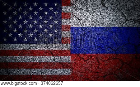 3d Rendering Of Dual Us And Russia Flags Painted On Concrete Wall In Grunge Effect With Deep Cracks 