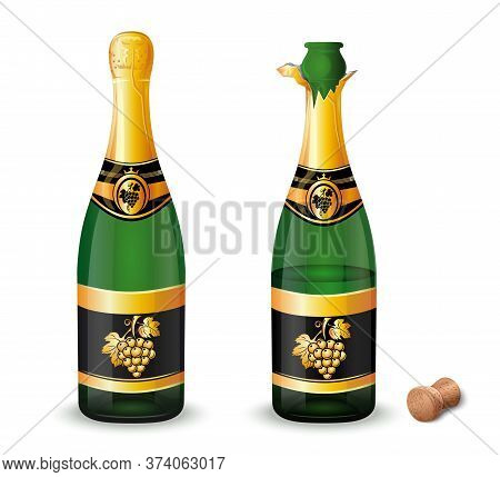 Uncorked And Closed Champagne Bottles With A Label With A Golden Bunch Of Grapes. Vector Illustratio