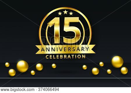Happy Anniversary Celebration. Golden Number 15 With Streamer Ribbon On Black Studio Mockup. Vector