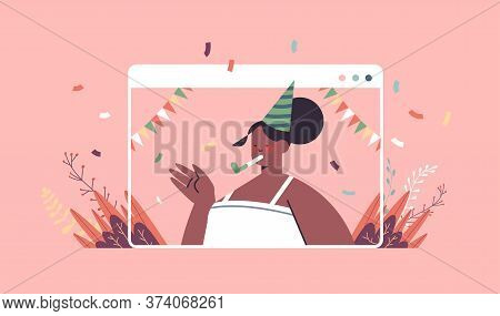 Happy Woman In Festive Hat Celebrating Online Birthday Party African American Girl In Computer Windo
