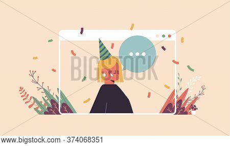 Woman In Funny Festive Hat Celebrating Online Birthday Party Happy Girln In Computer Window Celebrat