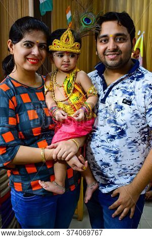 Delhi, India - September 9, 2019 : Cute Indian Kids Dressed Up As Little Lord Krishna Radha On The O