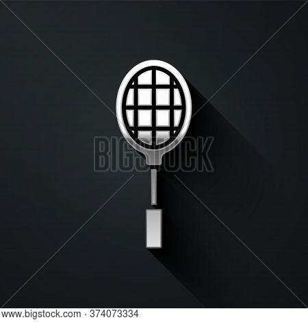 Silver Tennis Racket Icon Isolated On Black Background. Sport Equipment. Long Shadow Style. Vector I